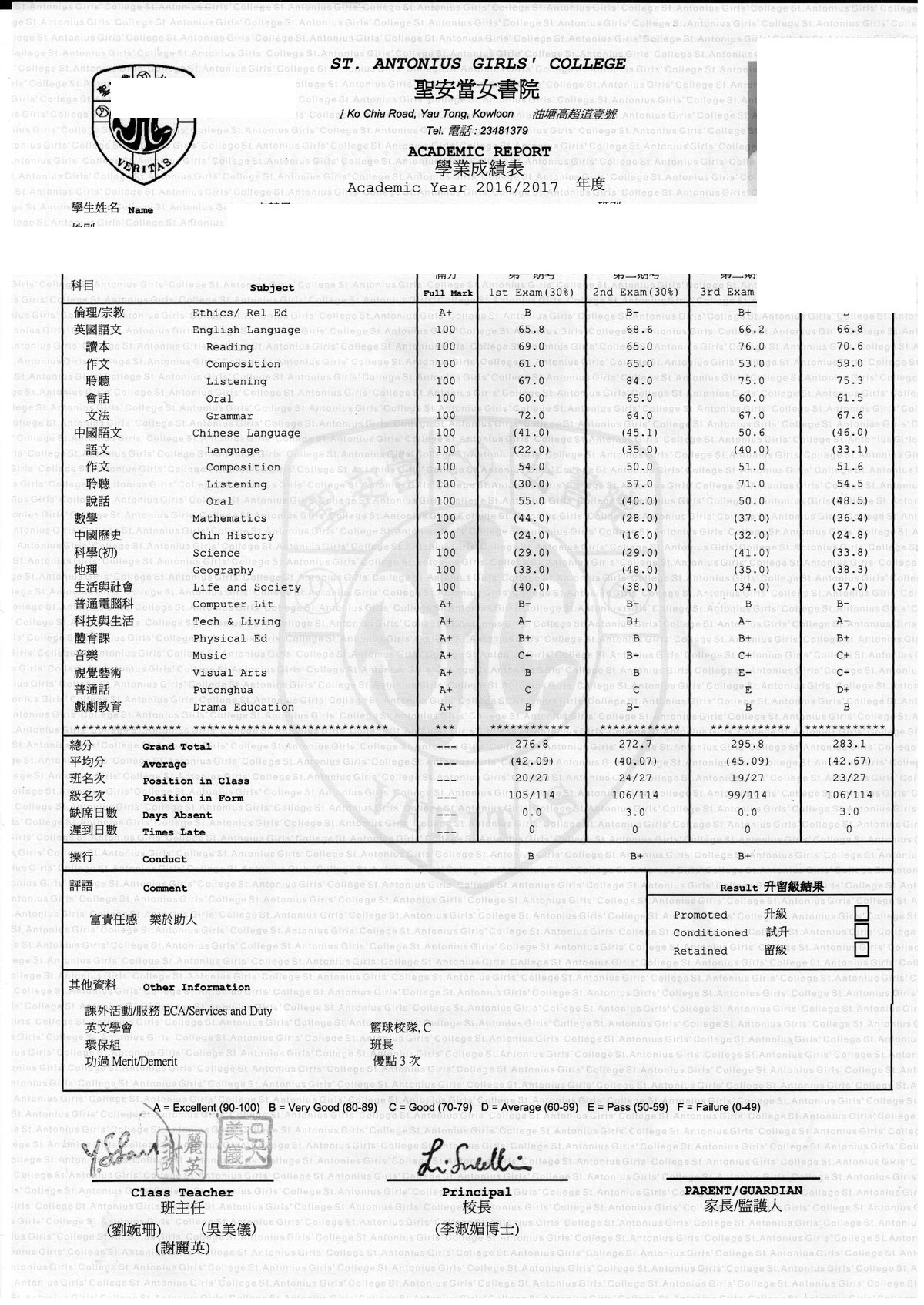 李同學補習前成績單